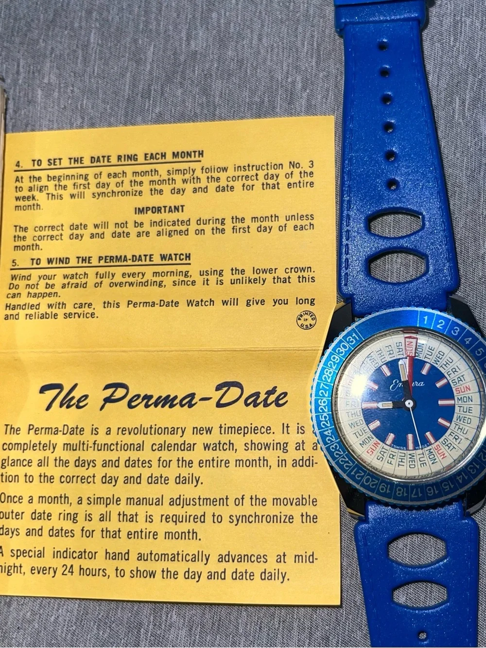 Vintage 1970 Endura PermaDate Calendar Watch Blue NOS Working W Box, Paper & Pad